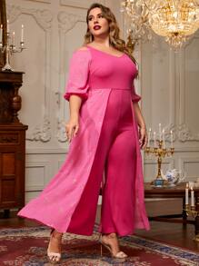 Mulvari Plus Ditsy Floral Pattern Cold Shoulder Jumpsuit - Hot Pink - View 4