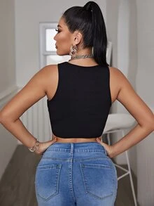 SHEIN SXY Áo hai dây Pha lê kim cương Lá thư Loại bướm Giải trí - màu đen - Xem 2