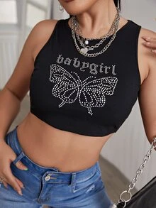 SHEIN SXY Áo hai dây Pha lê kim cương Lá thư Loại bướm Giải trí - màu đen - Xem 3