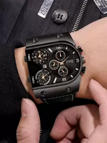 1pc Men's Leather Belt & Fashion 3-Eye Number Dial Quartz Wrist Watch Set - Black - View 2