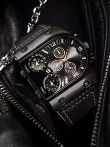 1pc Men's Leather Belt & Fashion 3-Eye Number Dial Quartz Wrist Watch Set - Black - View 3