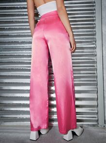 緞面素色闊腿褲 - 粉色 - 查看 2