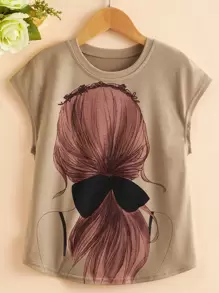 SHEIN Tween Girls' Loose Short Sleeve T-Shirt With Character  And Bow Pattern - Khaki - View 1