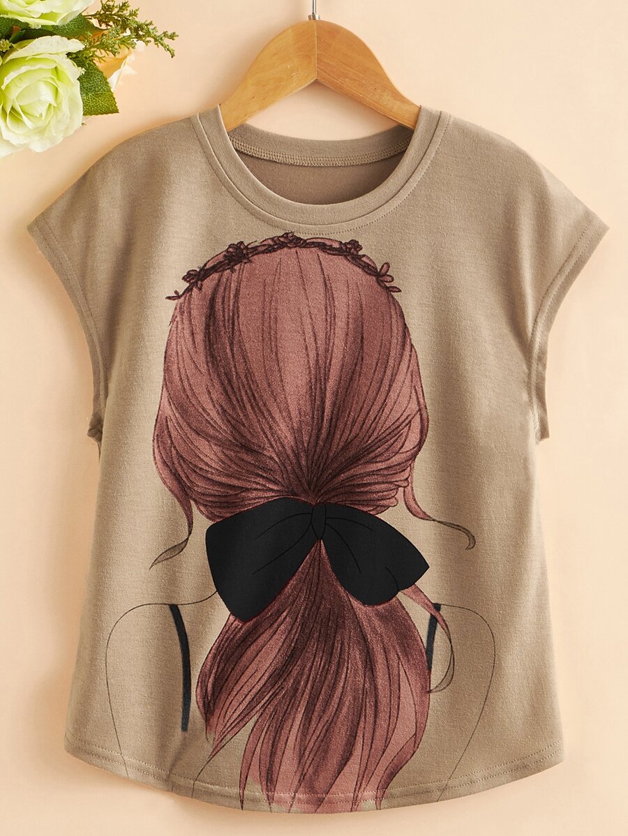 SHEIN Tween Girls' Loose Short Sleeve T-Shirt With Character  And Bow Pattern - Khaki - View 1