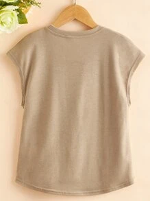 SHEIN Tween Girls' Loose Short Sleeve T-Shirt With Character  And Bow Pattern - Khaki - View 2