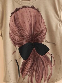 SHEIN Tween Girls' Loose Short Sleeve T-Shirt With Character  And Bow Pattern - Khaki - View 3