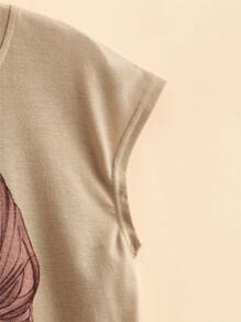 SHEIN Tween Girls' Loose Short Sleeve T-Shirt With Character  And Bow Pattern - Khaki - View 4