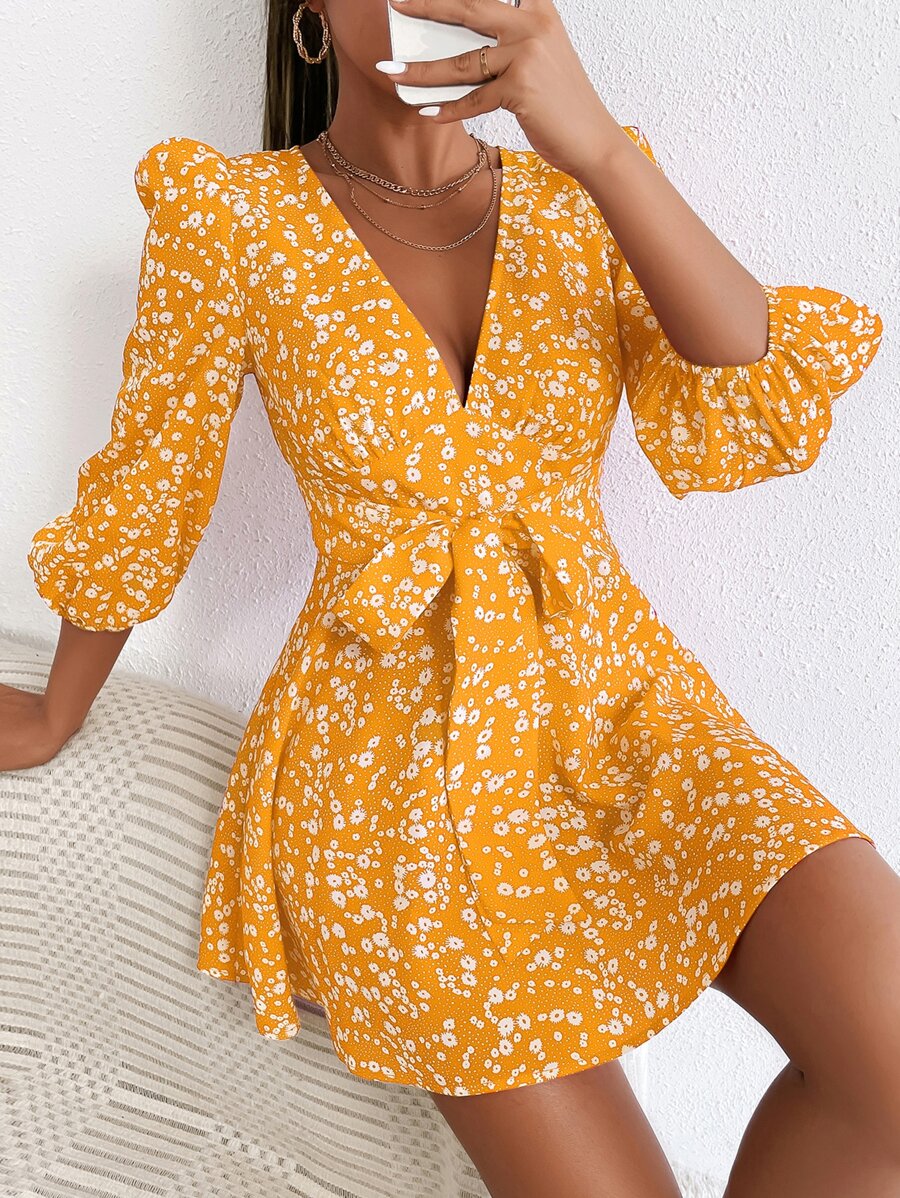 SHEIN PETITE Ditsy Floral Bishop Sleeve Dress - Yellow - View 1