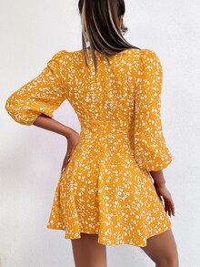 SHEIN PETITE Ditsy Floral Bishop Sleeve Dress - Yellow - View 2