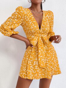 SHEIN PETITE Ditsy Floral Bishop Sleeve Dress - Yellow - View 3