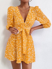 SHEIN PETITE Ditsy Floral Bishop Sleeve Dress - Yellow - View 4