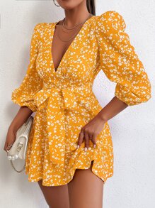 SHEIN PETITE Ditsy Floral Bishop Sleeve Dress - Yellow - View 5