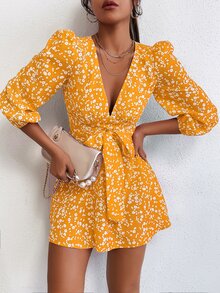 SHEIN PETITE Ditsy Floral Bishop Sleeve Dress - Yellow - View 6