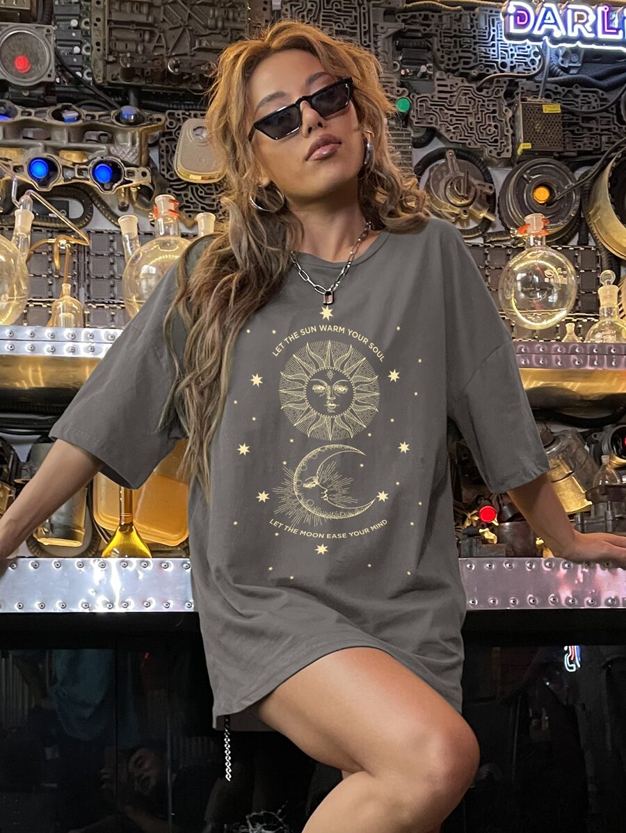 SHEIN Unity Camiseta de hombros caídos con estampado de slogan y sol - Gris - View 1