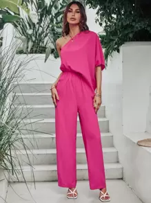 SHEIN Unity Jumpsuit de un hombro de manga murciélago - Rosa Fucsia - Ver 1