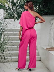 SHEIN Unity Jumpsuit de un hombro de manga murciélago - Rosa Fucsia - Ver 2