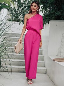 SHEIN Unity Jumpsuit de un hombro de manga murciélago - Rosa Fucsia - Ver 3