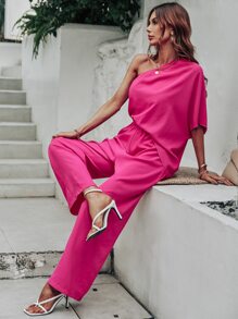 SHEIN Unity Jumpsuit de un hombro de manga murciélago - Rosa Fucsia - Ver 4