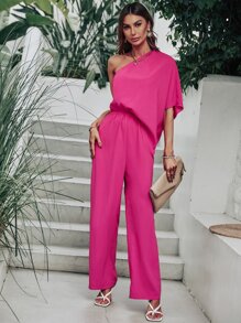SHEIN Unity Jumpsuit de un hombro de manga murciélago - Rosa Fucsia - Ver 5