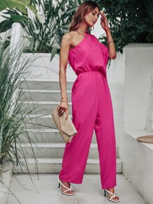 SHEIN Unity Jumpsuit de un hombro de manga murciélago - Rosa Fucsia - Ver 6