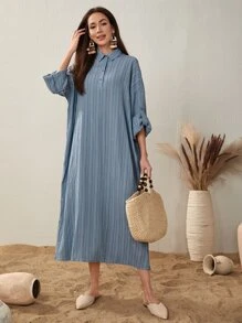 Mulvari Striped Roll Up Sleeve Arabian Dress - Dusty Blue - View 1