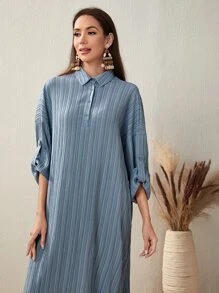 Mulvari Striped Roll Up Sleeve Arabian Dress - Dusty Blue - View 3