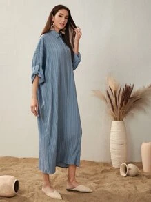 Mulvari Striped Roll Up Sleeve Arabian Dress - Dusty Blue - View 4