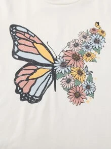 SHEIN 女孩蝴蝶和雛菊圖案T恤 - 米色 - 查看 3