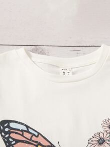 SHEIN 女孩蝴蝶和雛菊圖案T恤 - 米色 - 查看 4