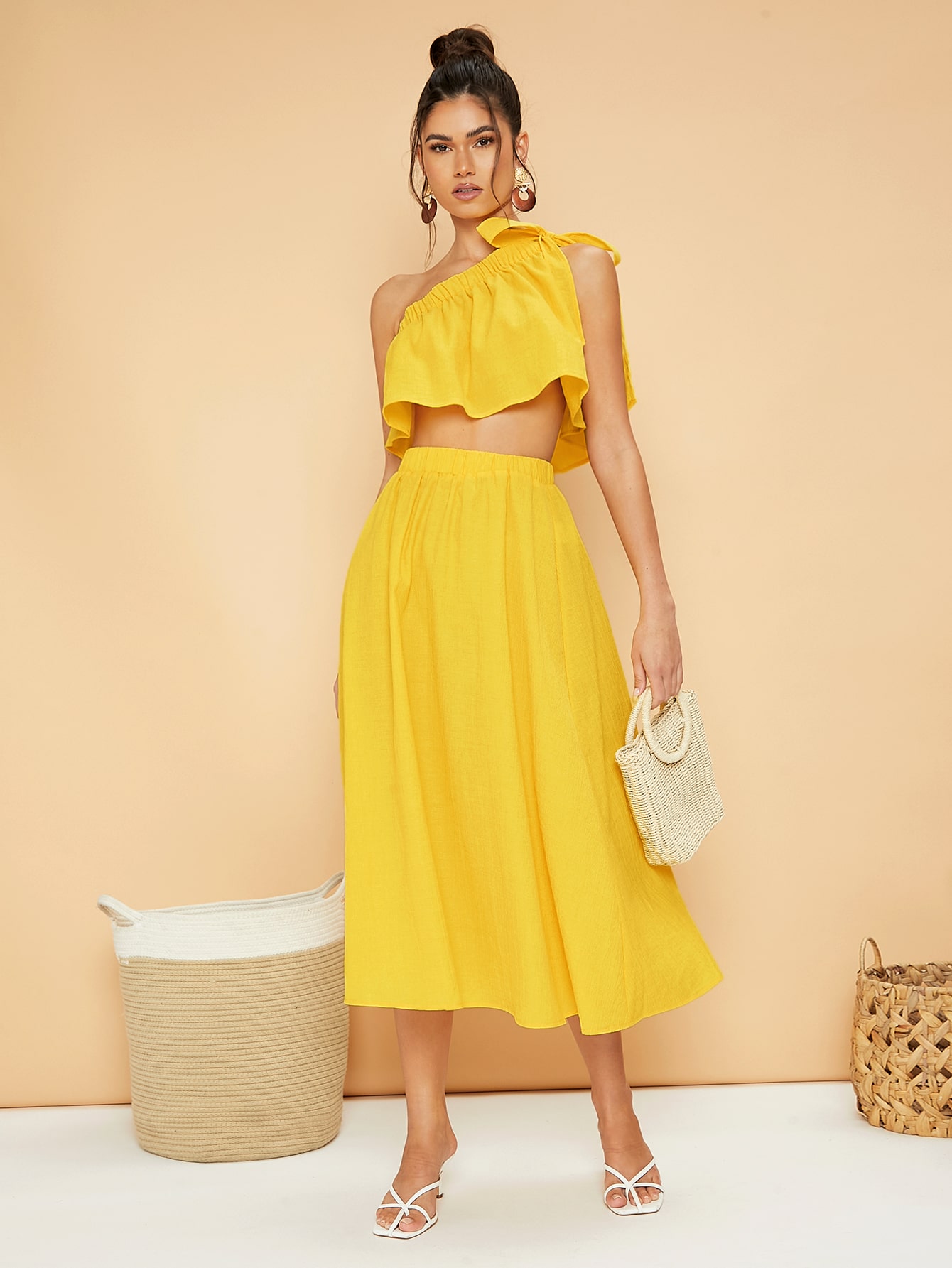 SHEIN Knot Shoulder Ruffle Crop Top & Flared Skirt Set SHEIN USA