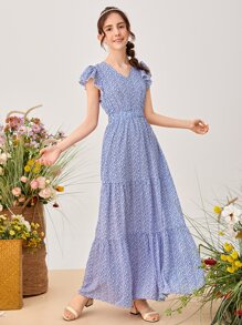 SHEIN Chicas adolescentes Vestido ribete con fruncido floral - Azul y blanco - Ver 1