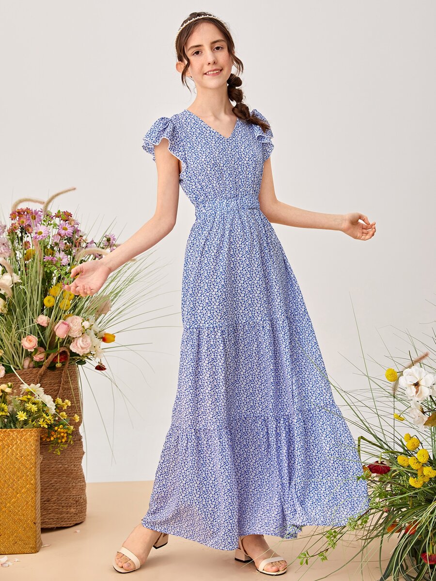 SHEIN Chicas adolescentes Vestido ribete con fruncido floral - Azul y blanco - Ver 1