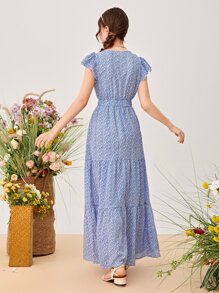 SHEIN Chicas adolescentes Vestido ribete con fruncido floral - Azul y blanco - Ver 2