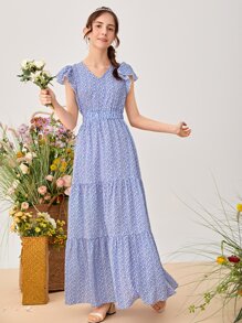 SHEIN Chicas adolescentes Vestido ribete con fruncido floral - Azul y blanco - Ver 3