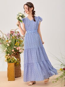 SHEIN Chicas adolescentes Vestido ribete con fruncido floral - Azul y blanco - Ver 4