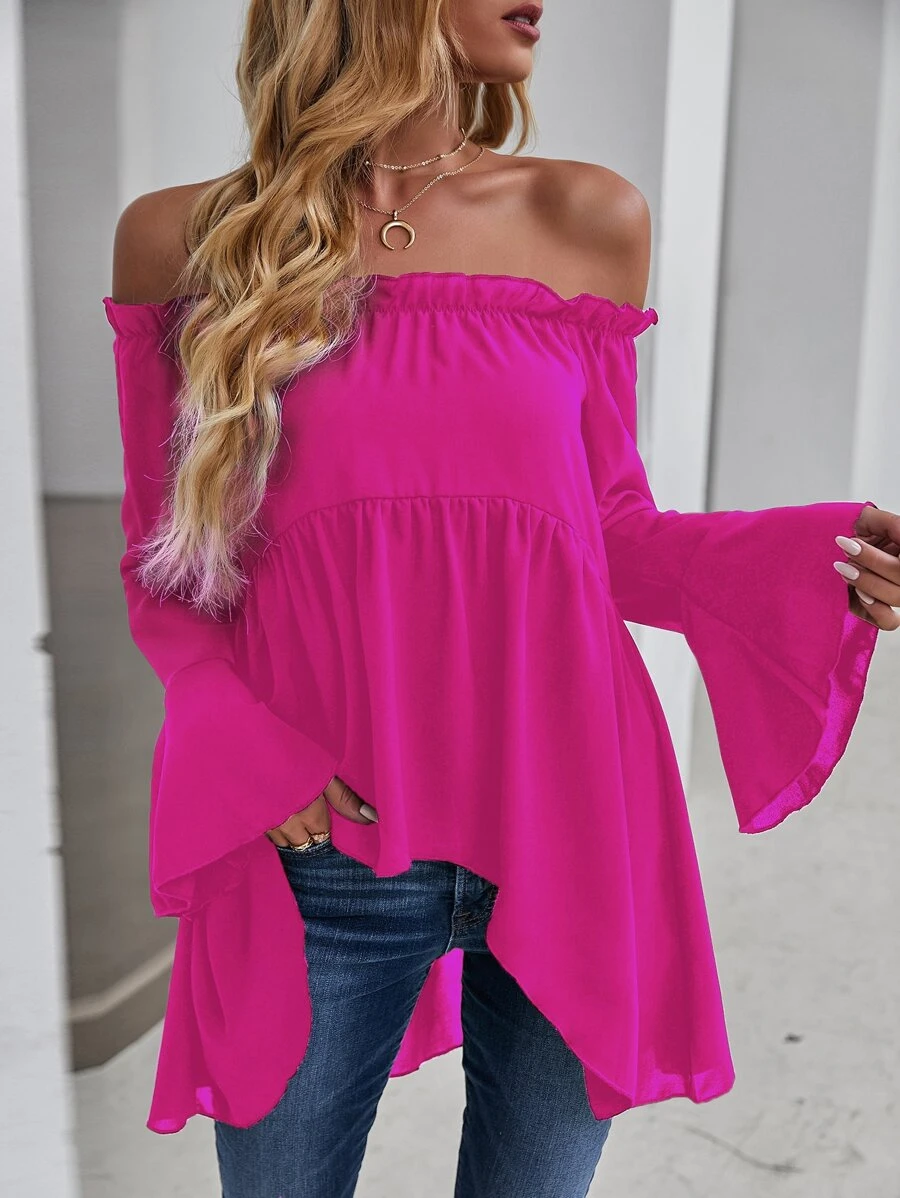 SHEIN VCAY Off-shoulder Flounce Sleeve High Low Blouse - Hot Pink - View 1