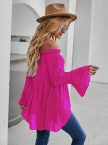 SHEIN VCAY Off-shoulder Flounce Sleeve High Low Blouse - Hot Pink - View 2