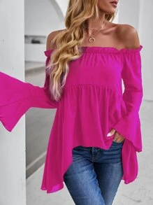 SHEIN VCAY Off-shoulder Flounce Sleeve High Low Blouse - Hot Pink - View 3