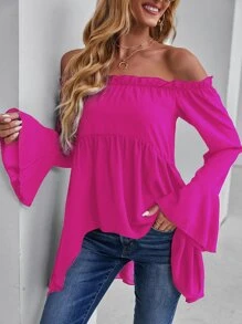 SHEIN VCAY Off-shoulder Flounce Sleeve High Low Blouse - Hot Pink - View 4