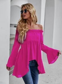 SHEIN VCAY Off-shoulder Flounce Sleeve High Low Blouse - Hot Pink - View 6