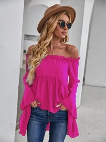 SHEIN VCAY Off-shoulder Flounce Sleeve High Low Blouse - Hot Pink - View 7