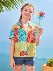 SHEIN 女孩落肩袖花卉圖案拼貼襯衫 - 彩色 - 查看 1