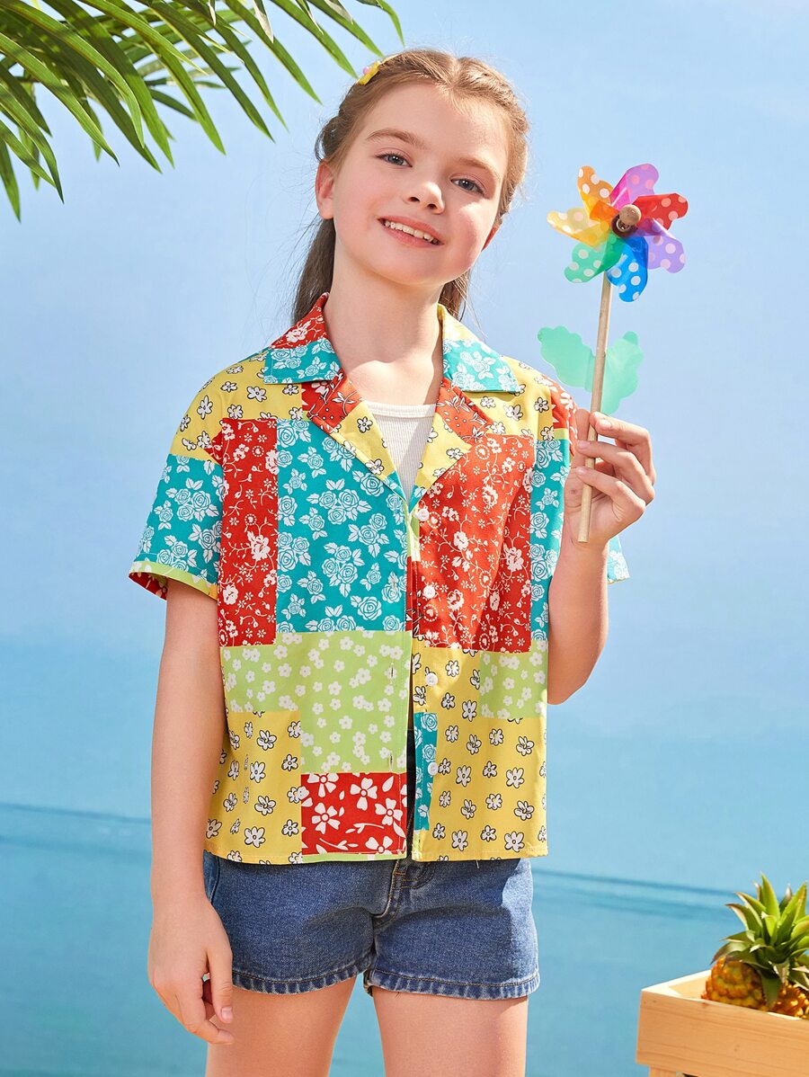 SHEIN 女孩落肩袖花卉圖案拼貼襯衫 - 彩色 - 查看 1