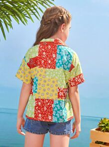 SHEIN 女孩落肩袖花卉圖案拼貼襯衫 - 彩色 - 查看 2