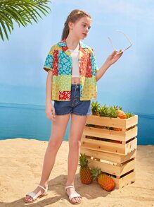 SHEIN 女孩落肩袖花卉圖案拼貼襯衫 - 彩色 - 查看 4