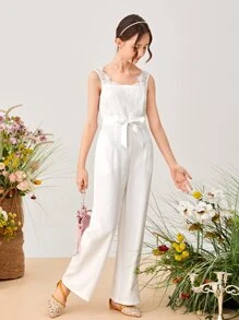 SHEIN Áo liền quần Gái Thắt lưng Tương phản ren Dây kéo màu trơn Ăn mặc đẹp - trắng - Xem 2