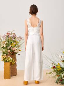 SHEIN Áo liền quần Gái Thắt lưng Tương phản ren Dây kéo màu trơn Ăn mặc đẹp - trắng - Xem 3