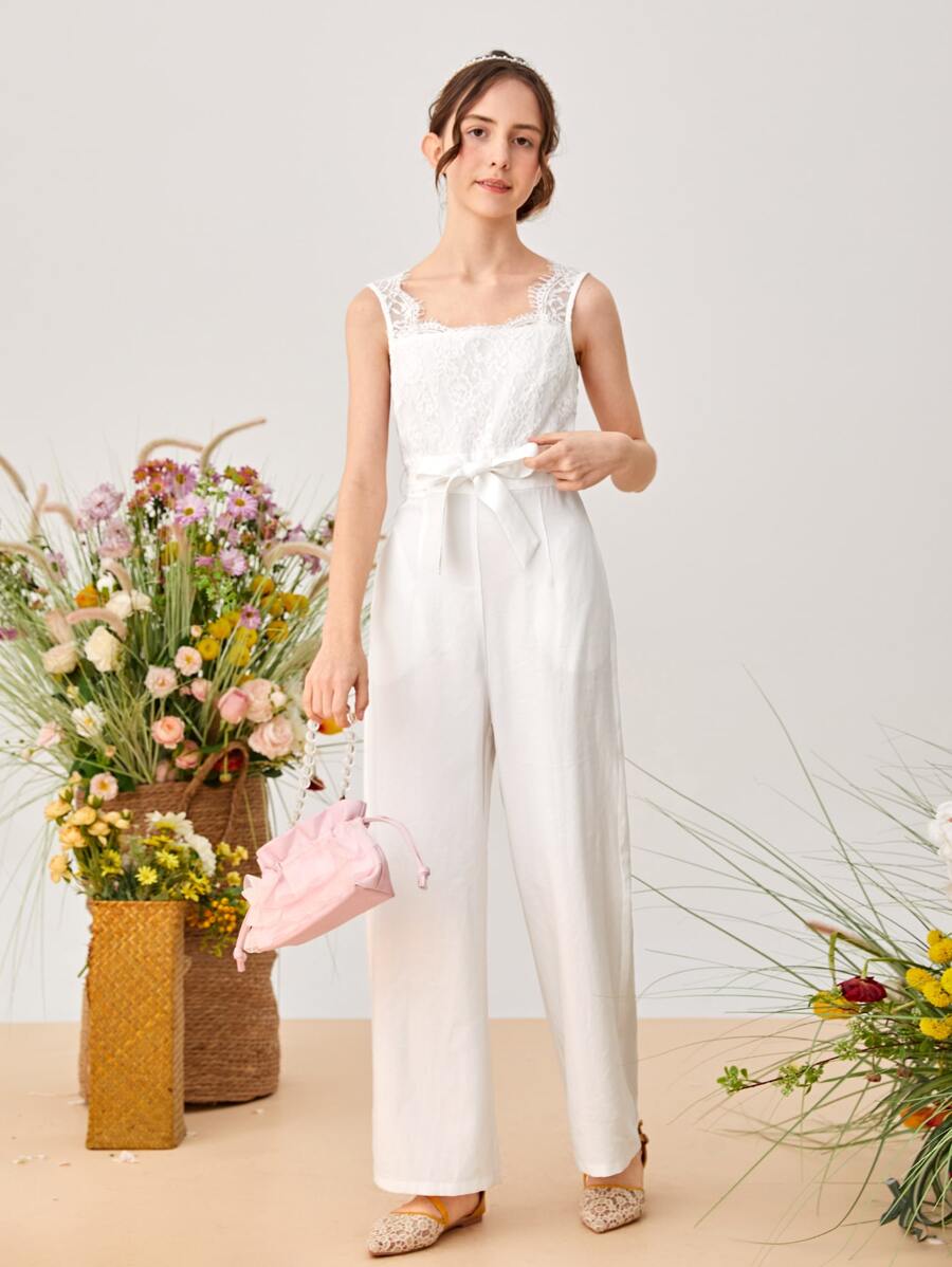 SHEIN Áo liền quần Gái Thắt lưng Tương phản ren Dây kéo màu trơn Ăn mặc đẹp - trắng - Xem 1