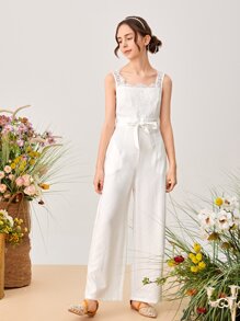 SHEIN Áo liền quần Gái Thắt lưng Tương phản ren Dây kéo màu trơn Ăn mặc đẹp - trắng - Xem 4
