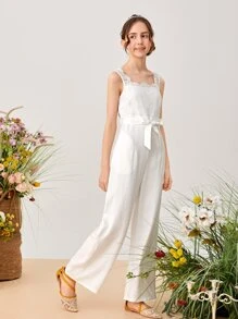 SHEIN Áo liền quần Gái Thắt lưng Tương phản ren Dây kéo màu trơn Ăn mặc đẹp - trắng - Xem 5